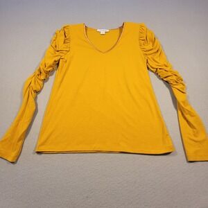 Calligraphie Top Mustard Ruched Sleeve V Neck Long Sleeve Stretch Womens‎ XS